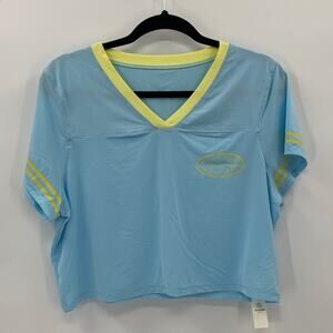 Offline by Aerie Size XL Jersey Ringer Top V-Neck Lt Blue/Yellow Stretch Cropped